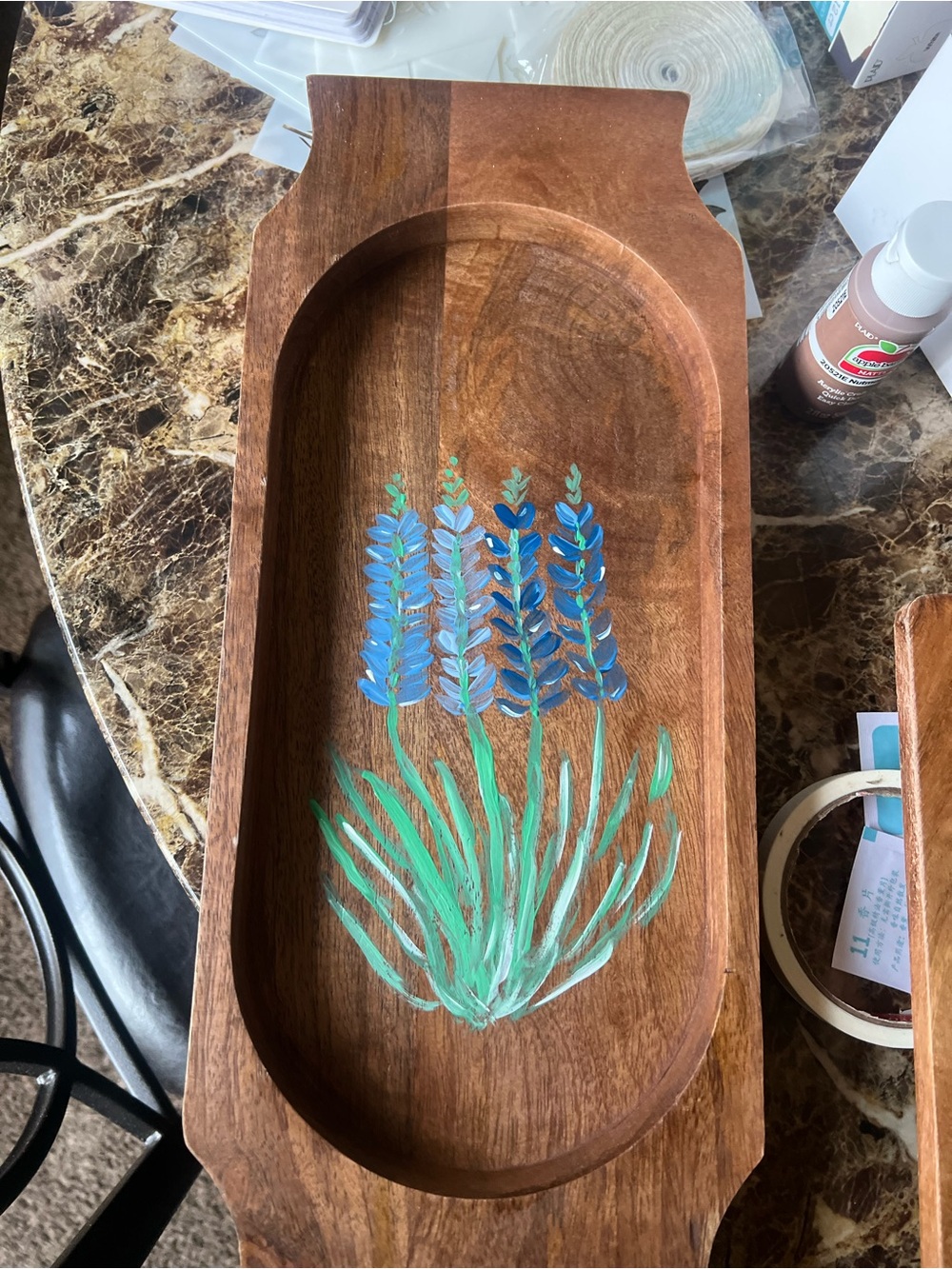 Hand-Painted Wooden Tray with Blue Floral Design